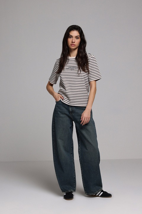 COLIN'S, Tricou cu dungi si decolteu la baza gatului, Gri deschis melange/Bleumarin, S