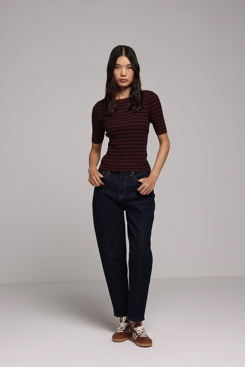 COLIN'S, Tricou cu dungi si decolteu la baza gatului, Maro cognac/Bleumarin