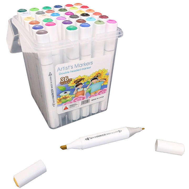 Set 36 Markere, Acrilice cu Cap Dublu, Artist Markers, Cutie Transparenta cu Maner