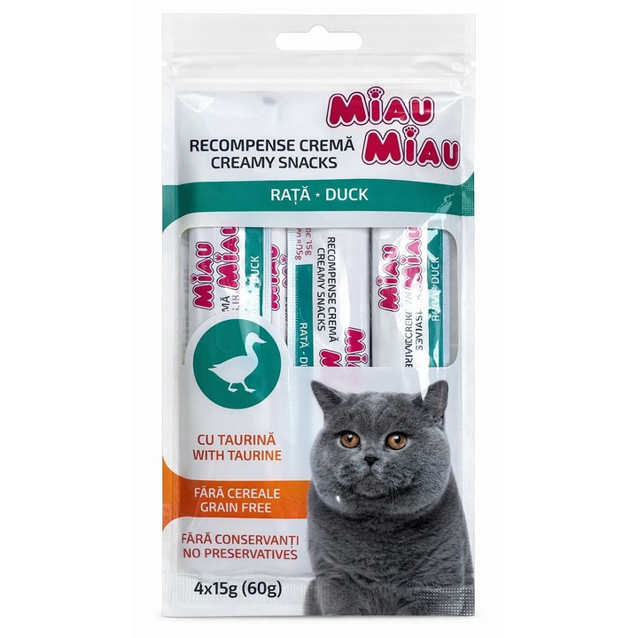 Recompense lichide pentru pisici Miau Miau Creamy snack cu rata 4 bucx15 g
