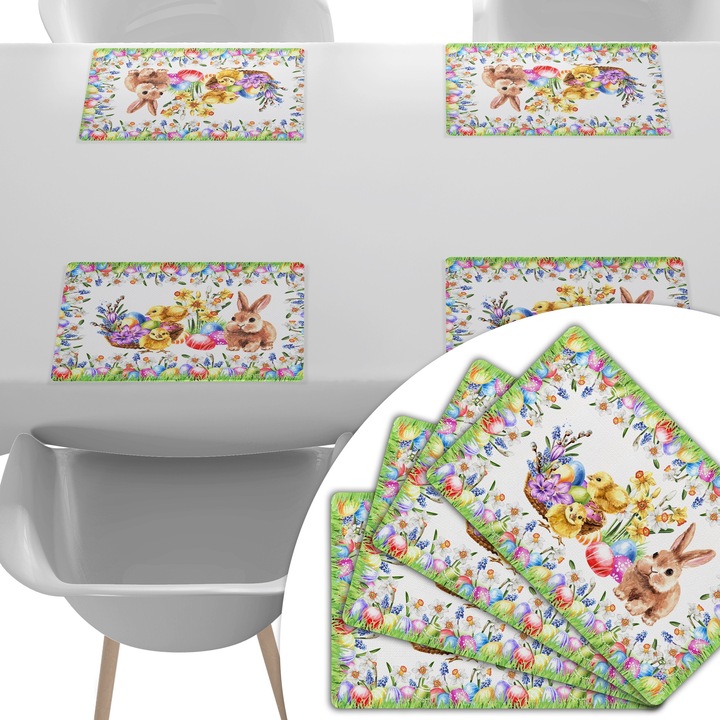 Set 4 suporturi de farfurie, HomeView, 45x30 cm, Impermeabil, Pasti, Rezistent la pete, OEKO-TEX, Pentru sufragerie si bucatarie, Reutilizabil, Usor de curatat, 100% poliester, Multicolor, model 215