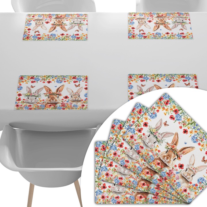 Set 4 suporturi de farfurie, HomeView, 45x30 cm, Impermeabil, Pasti, Rezistent la pete, OEKO-TEX, Pentru sufragerie si bucatarie, Reutilizabil, Usor de curatat, 100% poliester, Multicolor, model 378