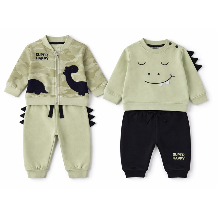 IDO, Set de bluza de trening cu model grafic si pantaloni de trening - 4 piese, Albastru ultramarin, verde militar inchis, Verde sparanghel, 56 CM