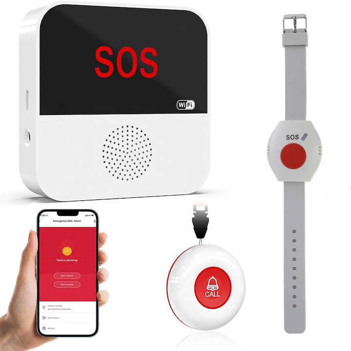 SOS алармена система, пейджър за болногледачи FONIX, паник бутон за възрастни хора и хора с увреждания, WiFi 2.4GHz връзка, мобилно приложение, предупреждение в реално време, акумулаторна батерия, 4 нива на силата на звука, тип гривна/висулка, бял