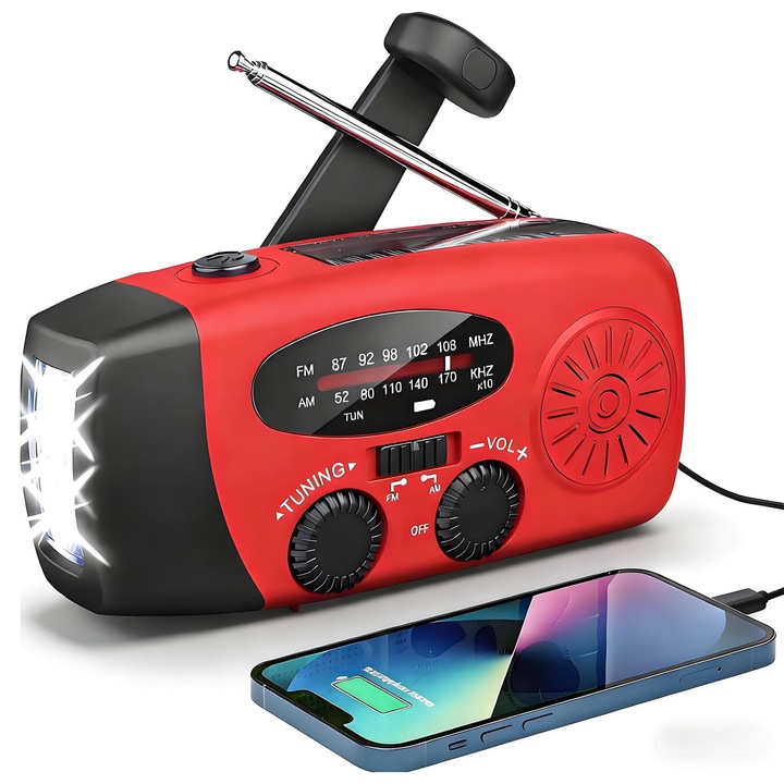 Radio Portabil Camping Cu Lampa LED, YOUKUKE®, Radio FM/AM meteo de urgenta cu manivela, Lanterna, incarcare solara, powerbank 2000 mAh, Rosu