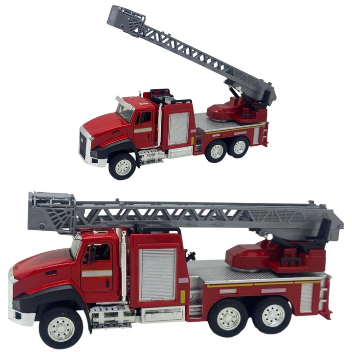 Jucarie metalica camion de pompieri cu usi functionale, lumini si sunete, model realistic cu scara extensibila, culoare rosu – Scara 1:50, lungime 18, 5 cm