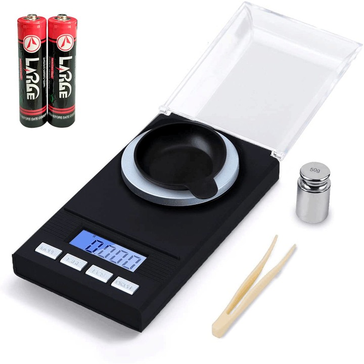 Cantar De Bijuterii cu ecran LCD, YOUKUKE®, cu precizia de 0.001g, Cu Afisaj Digital, Functie TARE, Resetare manuala, timp de oprire automata, 8 unitati de masura, 100 g greutate maxima cantarita, include 2 baterii AAA de 1, 5V, Negru
