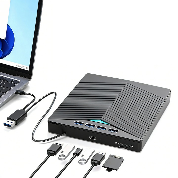 Външен DVD CD RW модул YOUKUKE®, USB-C хъб USB 3.0 порт, четец на SD карти, записвачка на дискове, DVD плейър за Wins10, лаптоп, компютър