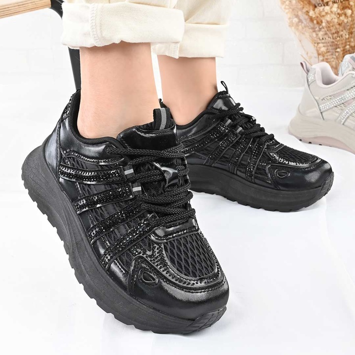 Pantofi Sport De Dama, Cu insertii de plasa, D1475, Negru 36