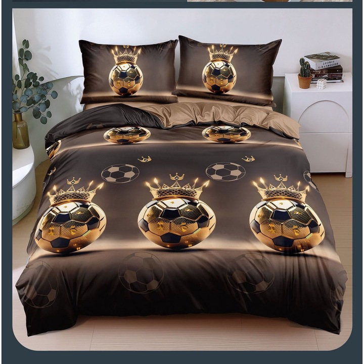 Set Lenjerie de pat dublu cu Elastic, Bumbac Satinat, Pucioasa, 4 piese, Cearceaf de pat 180x200 cm, Cearceaf Pilota cu doua fete 200x230 cm, 2 Fete de perna 55x75 cm, Fotbal, Negru/Bej/Auriu, BSE-88