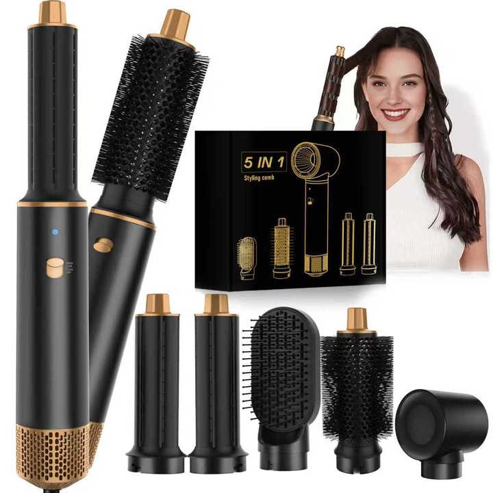 Електрическа четка за коса 5 в 1 TERYJN, електрическа четка за обем, електрическа четка за изправяне на коса, йонизация против накъдряне, 3 температурни степени, бързо сушене, компактен дизайн, черна