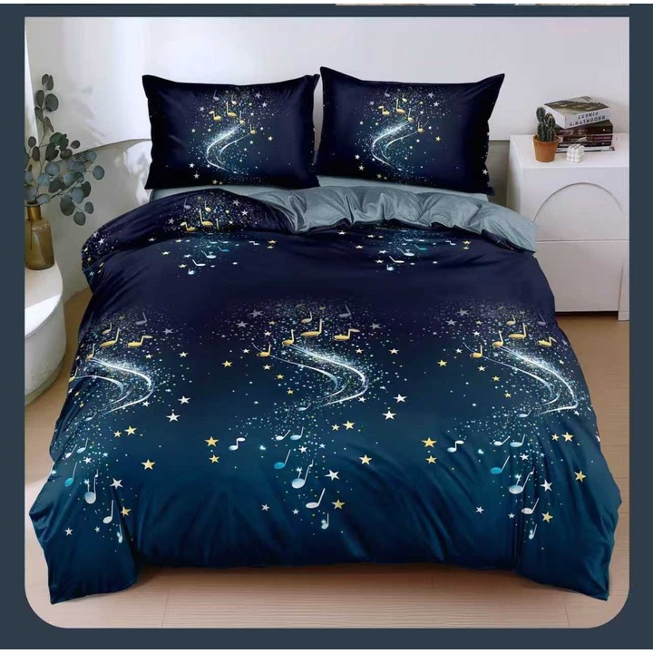 Set Lenjerie de pat dublu cu Elastic, Bumbac Satinat, Pucioasa, 4 piese, Cearceaf de pat 180x200 cm, Cearceaf Pilota cu doua fete 200x230 cm, 2 Fete de perna 55x75 cm, Stelute, Bleumarin/Gri, BSE-90