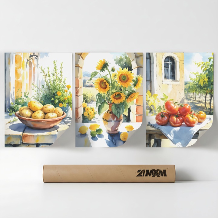 Комплект от 3 декоративни постера 'Средиземноморски натюрморт 08', Текстилен материал, 21MXM, 30 x 40 см, Без рамка