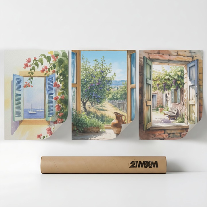 Set 3 Postere Decorative 'Windows To The South 01', Material Textil, 21MXM, A3 (29.7 x 42 cm), Fara Rama
