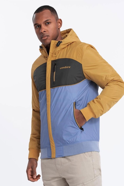 OMBRE, Jacheta cu gluga si fermoar, Albastru deschis/Ocru