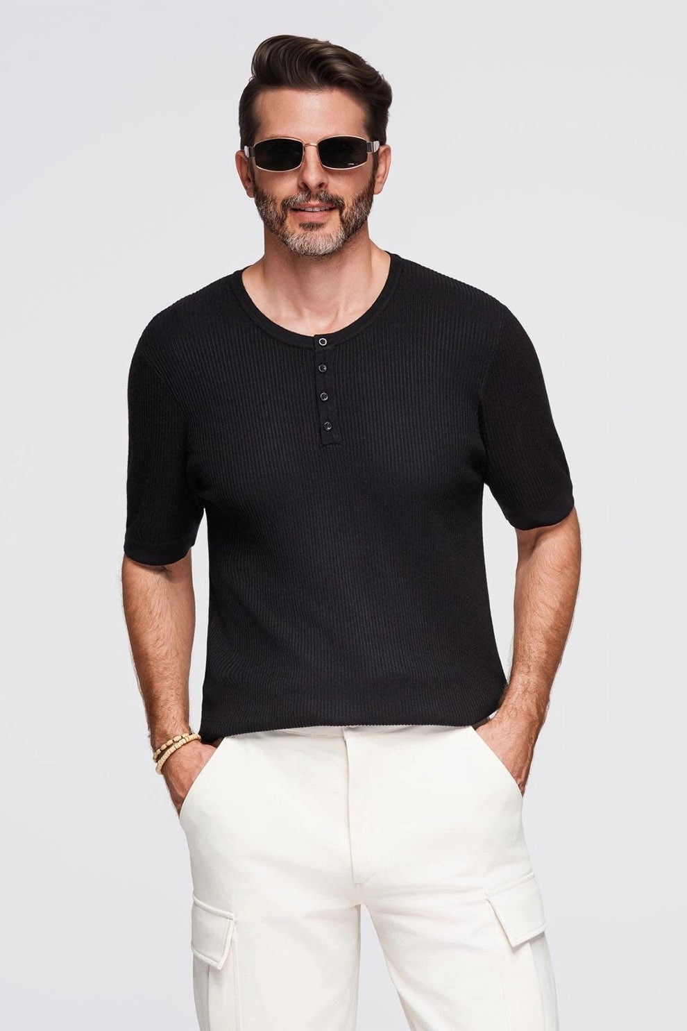 OMBRE, Tricou slim fit cu striatii si decolteu henley, Negru, S