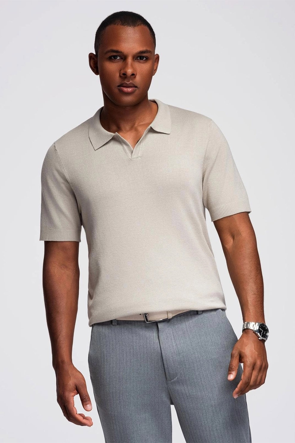 OMBRE, Tricou regular fit cu guler polo, Gri deschis, 2XL