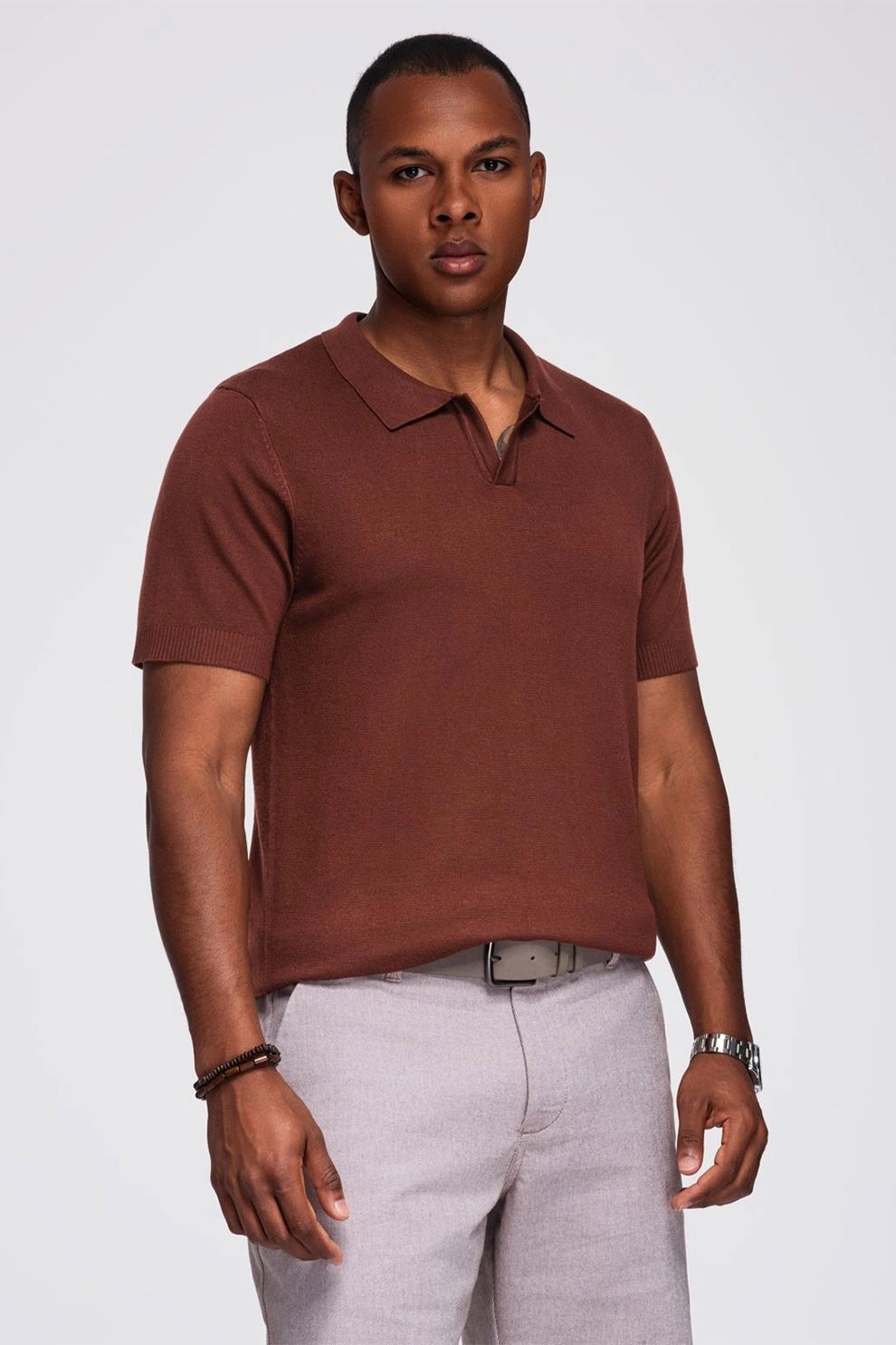 OMBRE, Tricou regular fit cu guler polo, Maro cognac, L