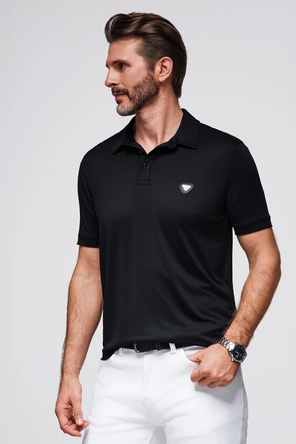 OMBRE, Tricou polo cu fenta cu nasturi, Negru, 2XL