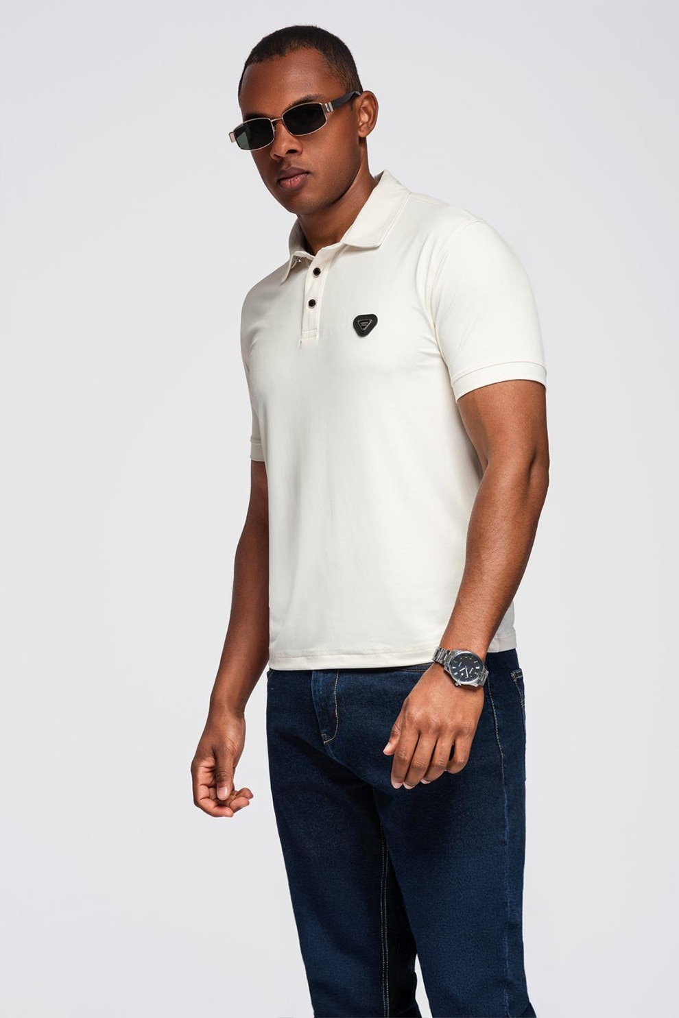 OMBRE, Tricou polo cu fenta cu nasturi, Alb murdar, 2XL