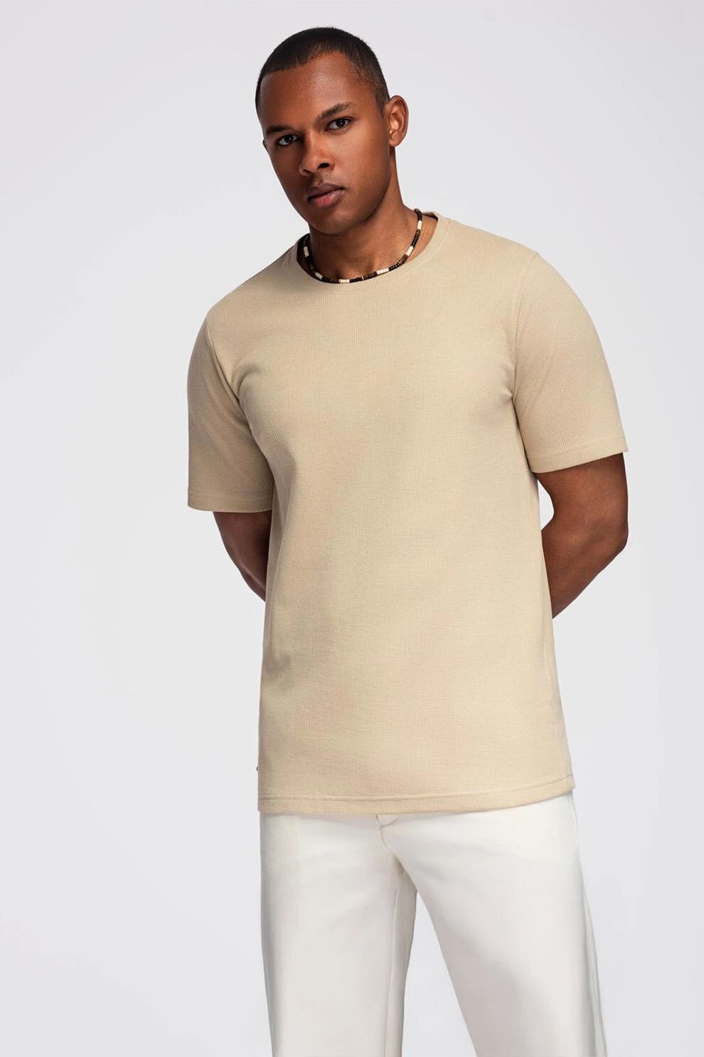 OMBRE, Tricou din bumbac cu decolteu la baza gatului, Maro nisip, L