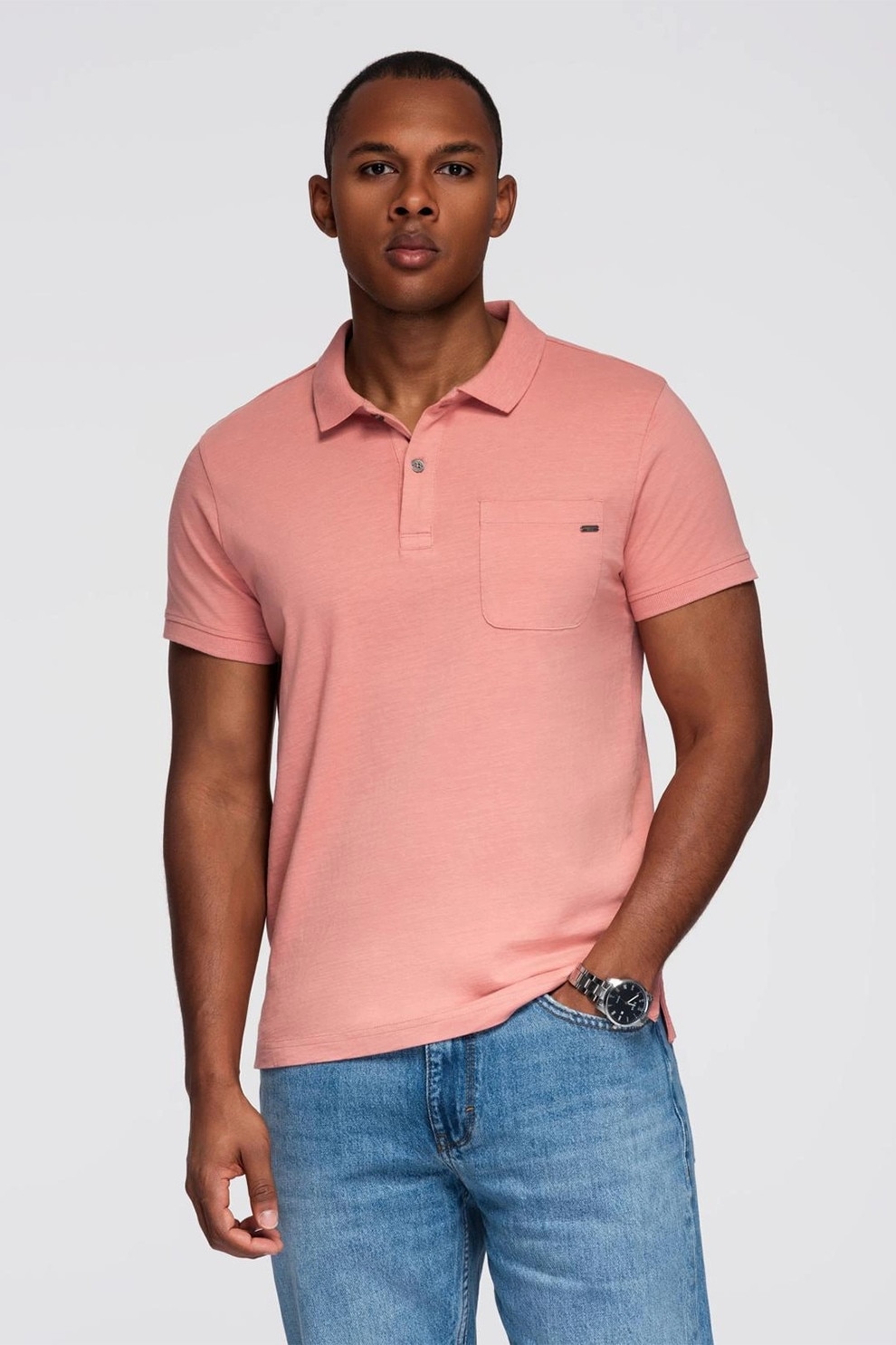 OMBRE, Tricou cu model uni si buzunar pe piept, Roz somon, M