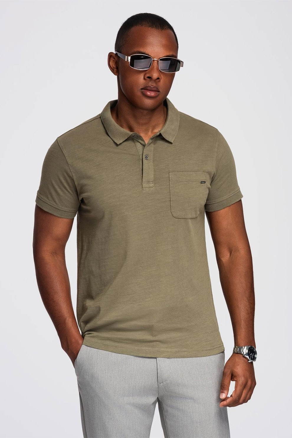 OMBRE, Tricou cu model uni si buzunar pe piept, Verde sparanghel, M