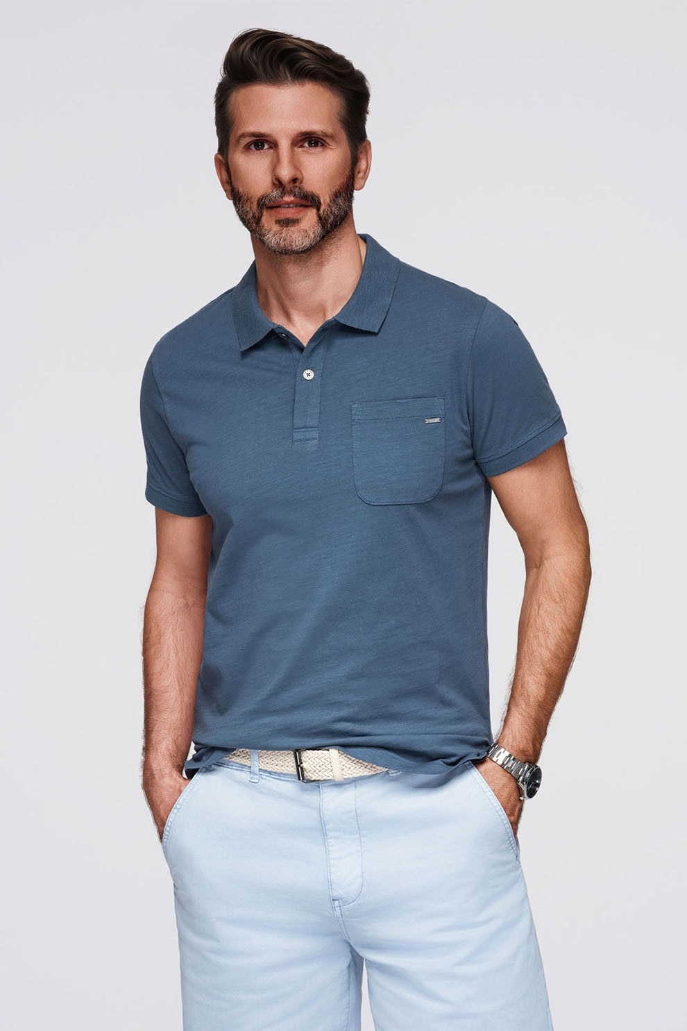 OMBRE, Tricou cu model uni si buzunar pe piept, Albastru prafuit, 2XL