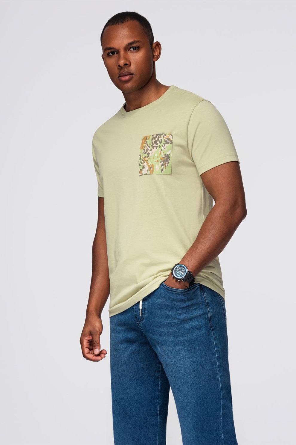 OMBRE, Tricou din bumbac cu decolteu la baza gatului, Verde fistic, L