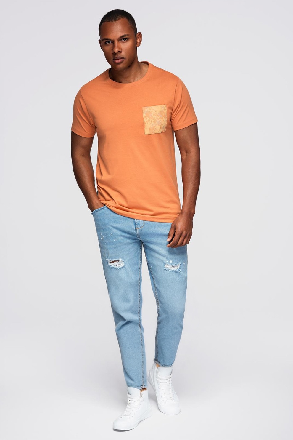 OMBRE, Tricou din bumbac cu decolteu la baza gatului, Portocaliu, S