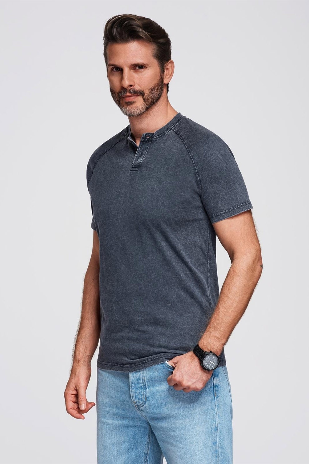 OMBRE, Tricou din bumbac cu maneci raglan, Albastru prafuit, M