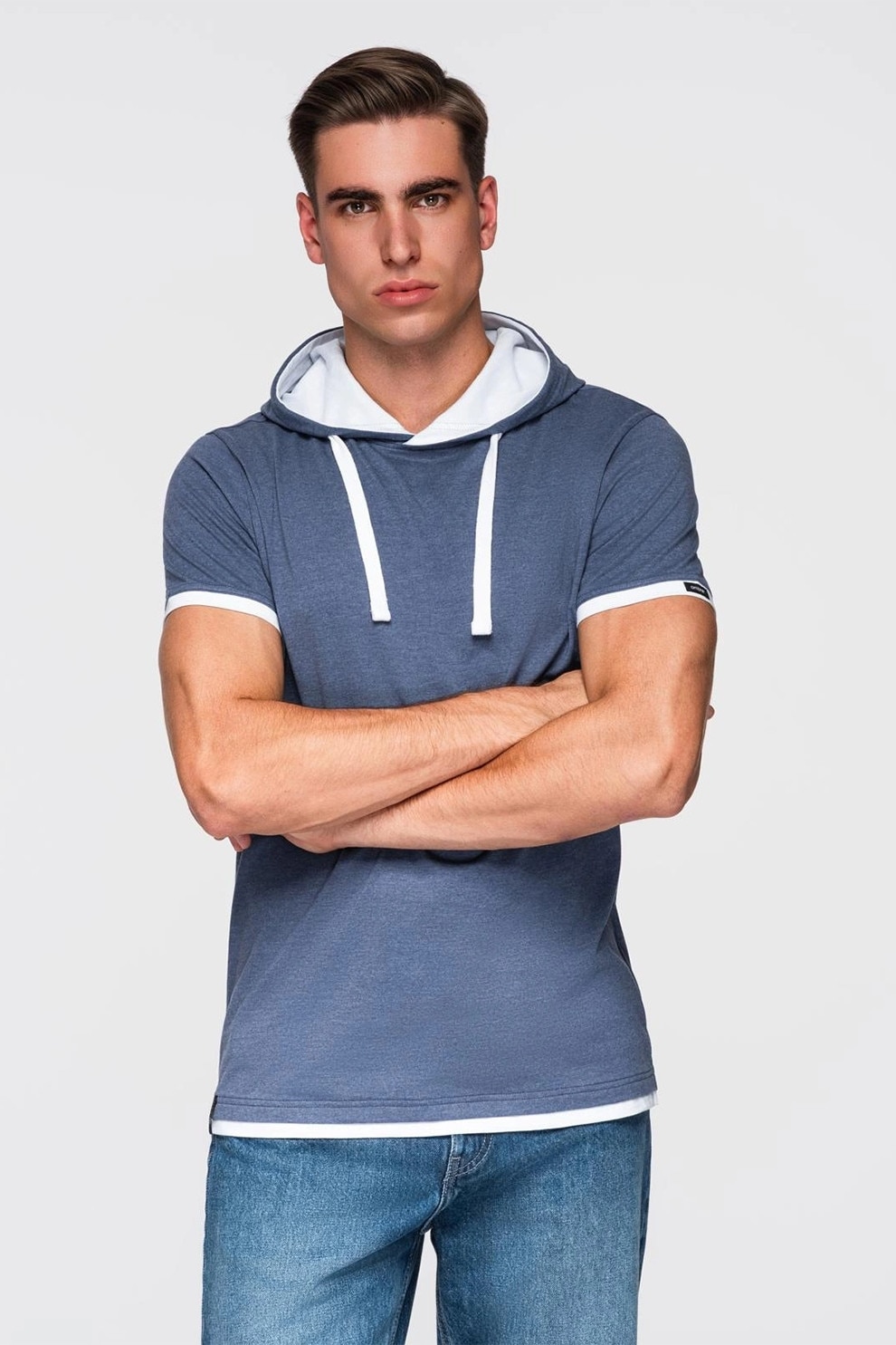 OMBRE, Tricou din bumbac cu gluga, Albastru prafuit, S