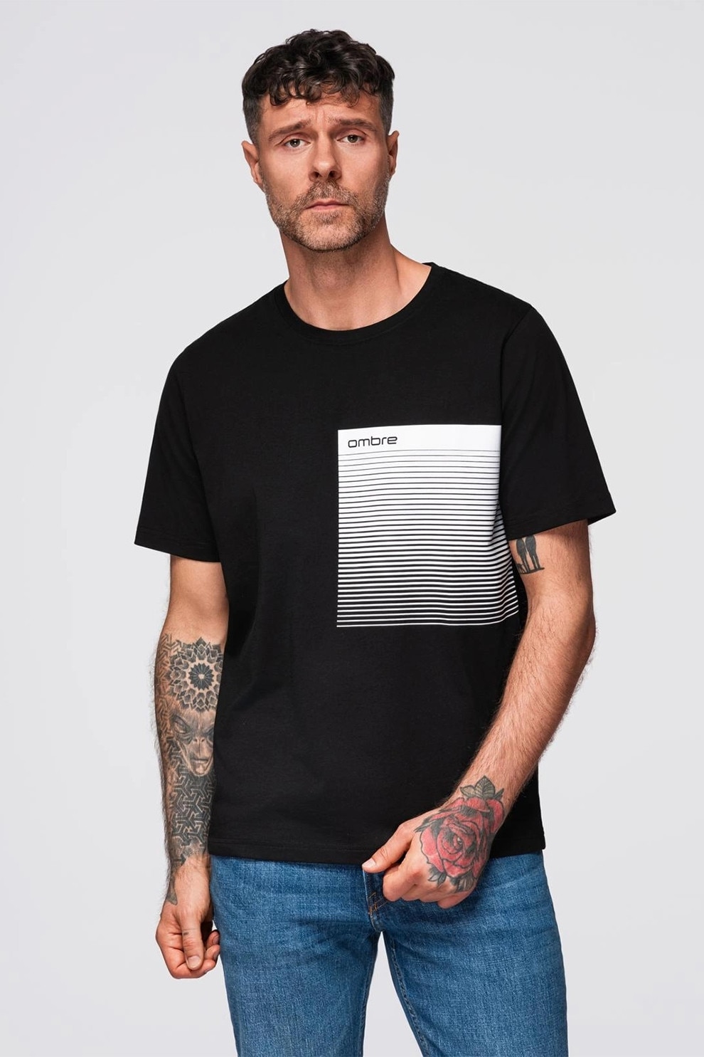 OMBRE, Tricou din bumbac cu imprimeu grafic, Alb, Negru, 2XL