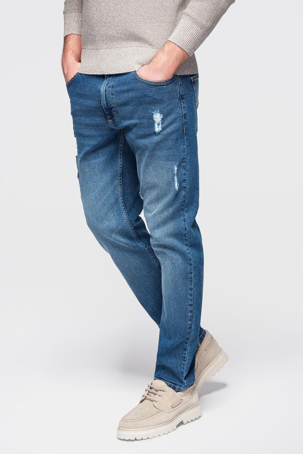 OMBRE, Blugi slim fit cu detalii deteriorate, Albastru melange, L