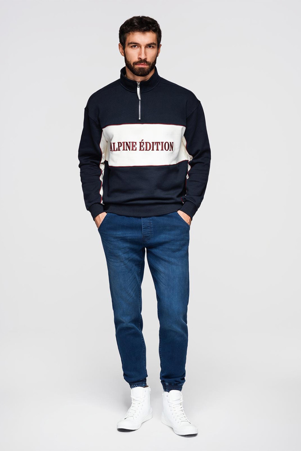 OMBRE, Blugi conici cu snur in talie, Albastru inchis, L