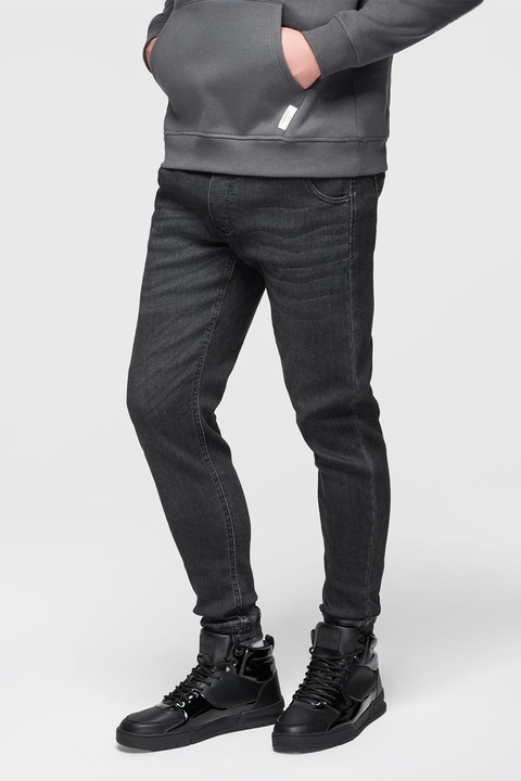 OMBRE, Blugi conici cu snur in talie, Negru carbon, 2XL