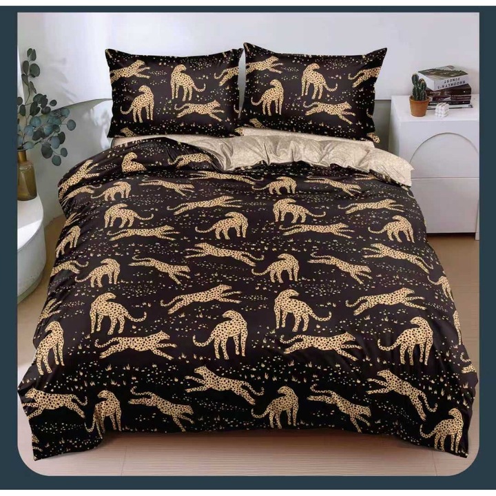 Set Lenjerie de pat dublu cu Elastic, Bumbac Satinat, Pucioasa, 4 piese, Cearceaf de pat 180x200 cm, Cearceaf Pilota cu doua fete 200x230 cm, 2 Fete de perna 55x75 cm, Animal Print, Negru/Cappuccino, BSE-98