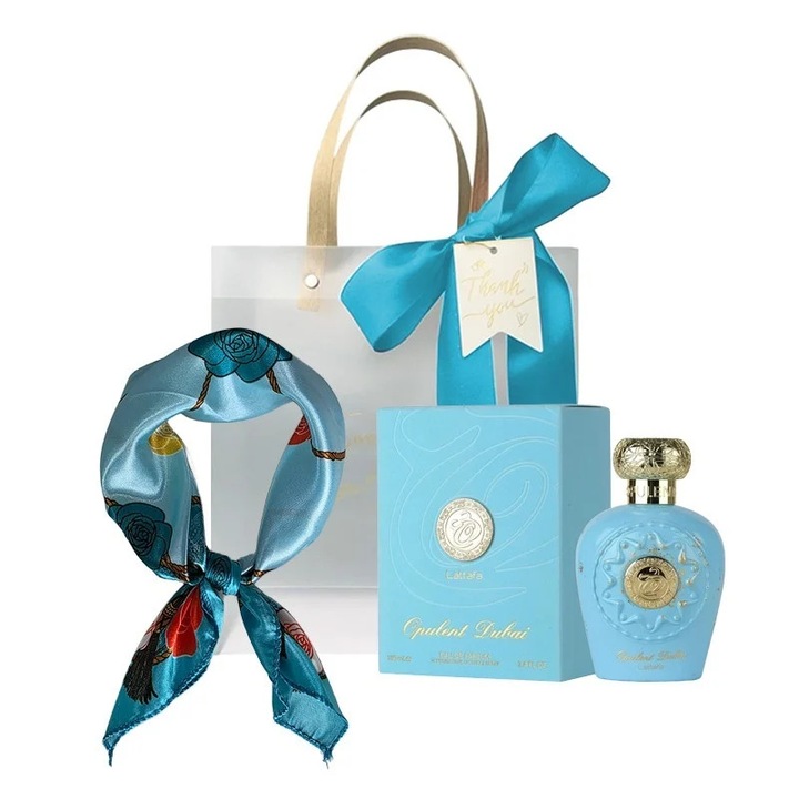 Комплект парфюмна вода Opulent Dubai Lattafa, Унисекс, 100 мл, Сатенен шал, Чанта