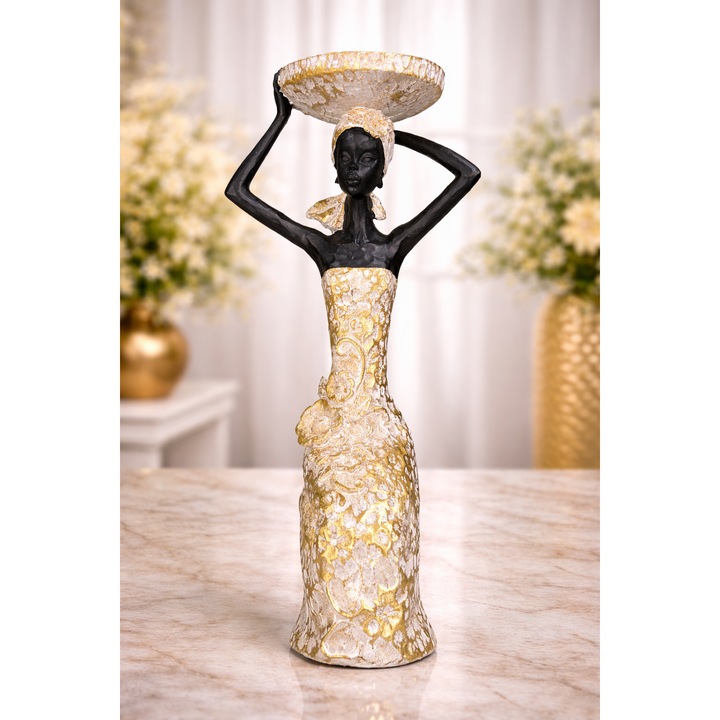 Sculptura decorativa femeie africana cu bol, finisaj auriu