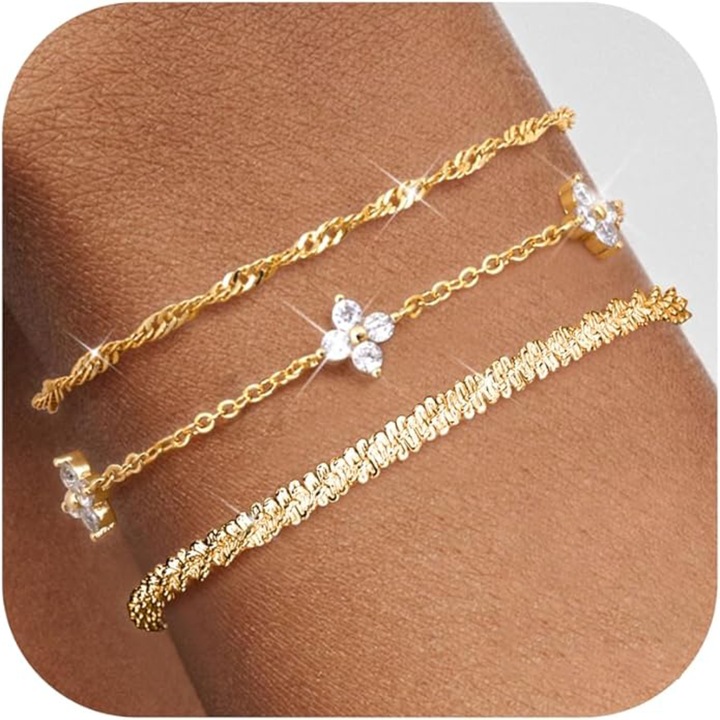 Set de 3 brățări placate cu aur pentru femei, cu pietre de zirconiu, reglabile, argintiu