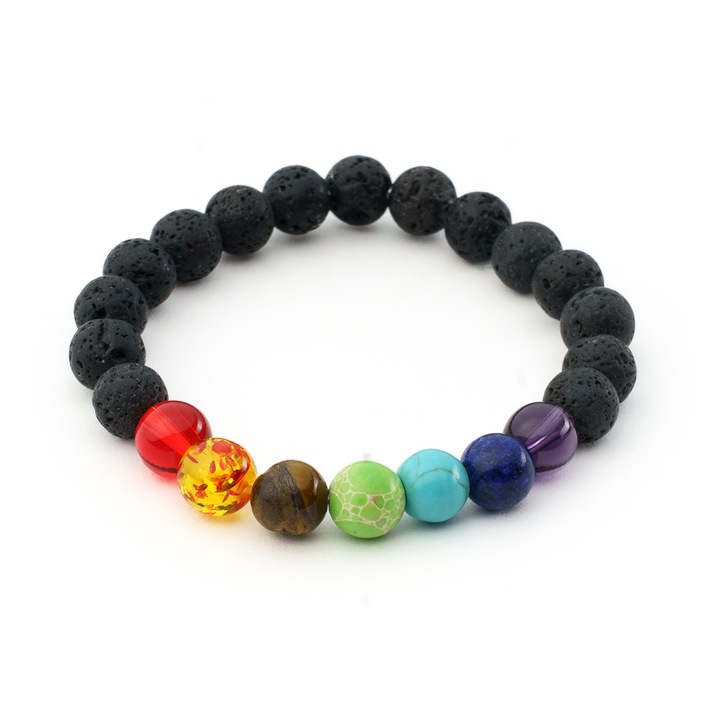 Bratara unisex 7 Chakre, multicolor, din pietre de lava vulcanica de 8mm si pietre naturale semipretioase pe fir elastic rezistent