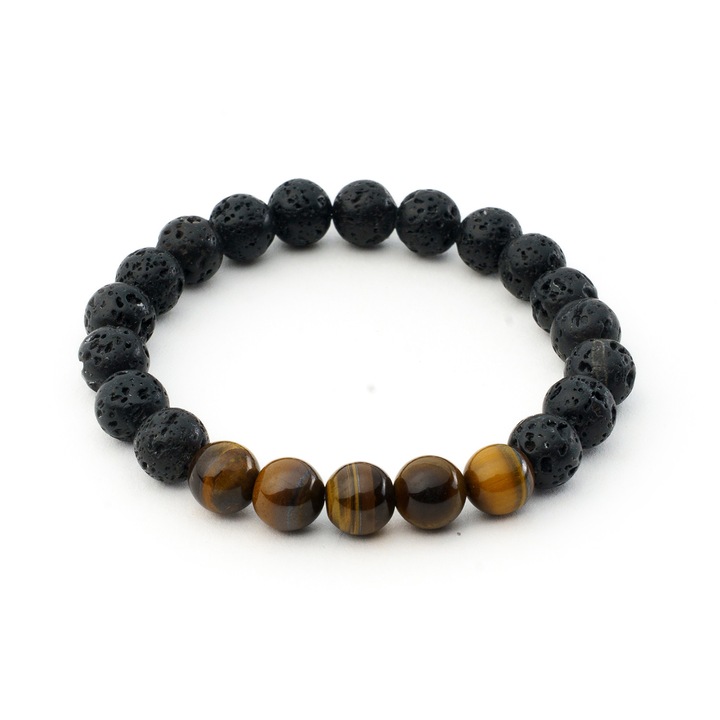 Bratara unisex din pietre de lava vulcanica si Tiger Eye,8mm, set cadou cu punga si mostra de ulei esential