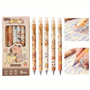 Set 6 Pixuri Capibara cu Stergere, DANATI, Pixuri Retractabile cu Buton, Varf 0, 5 mm, Cernela Albastra Termosensibila, Guma, Maro, Cadou Creativ, Accesorii Scoala, 15cm