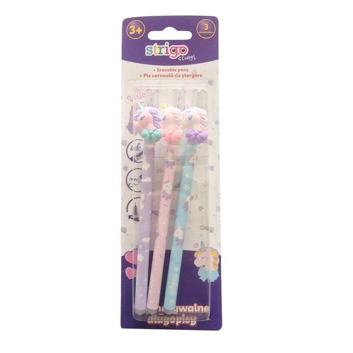 Set 3 pixuri cu cerneala termosensibila Strigo SSC181X3, Motiv unicorn