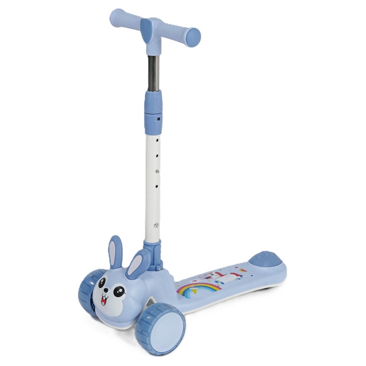 Trotineta pentru copii, GHEMOTOC®, reglabila si pliabila, cu roti luminoase, iepuras, albastru