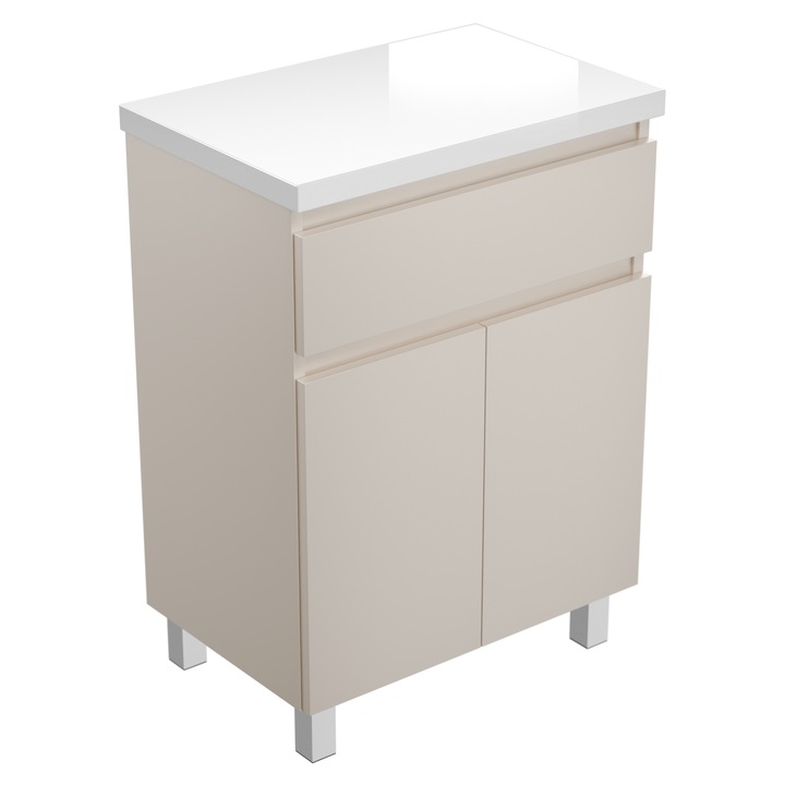 Dulap baie 60, paplinskimoebel, Ariza 60, Casmir mat cu blat lacuit alb lucios, sub lavoar, suspendat sau independent, 2 usi, sertar cu organizator si inchidere silentioasa, spatiu de depozitare, picioare reglabile, 83,7 x 40 x 61 cm