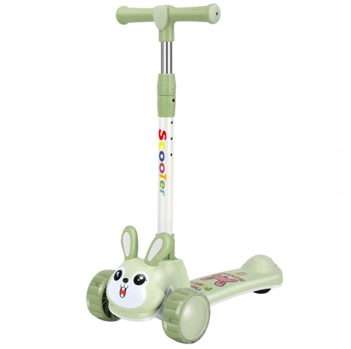 Trotineta pentru copii, GHEMOTOC®, reglabila si pliabila, cu roti luminoase, iepuras, verde