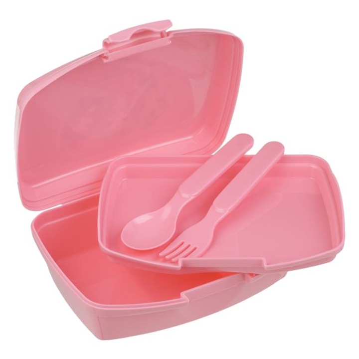 Caserola alimentare Generic, 550 ml, roz, cu tacamuri incluse, tava separata