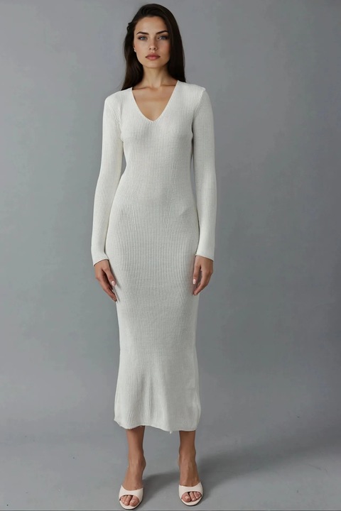 Rochie maxi, MyFashion, tricotata, decolteu in V, alb praf, tricot, One Size INTL