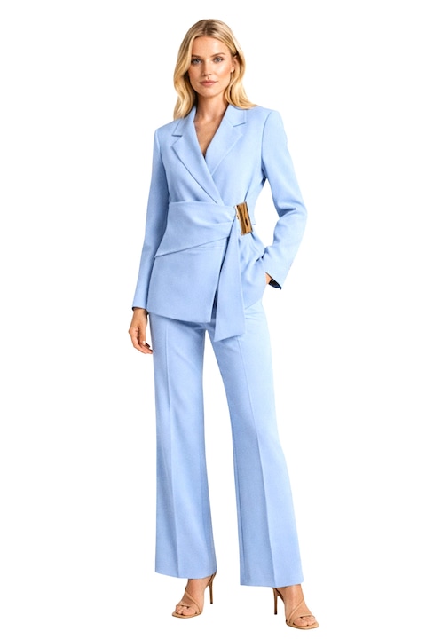 Costum Lumira doua piese, sacou cu detaliu elegant si catarama aurie, Baby Blue, FashionForYou, Marime universala S/M